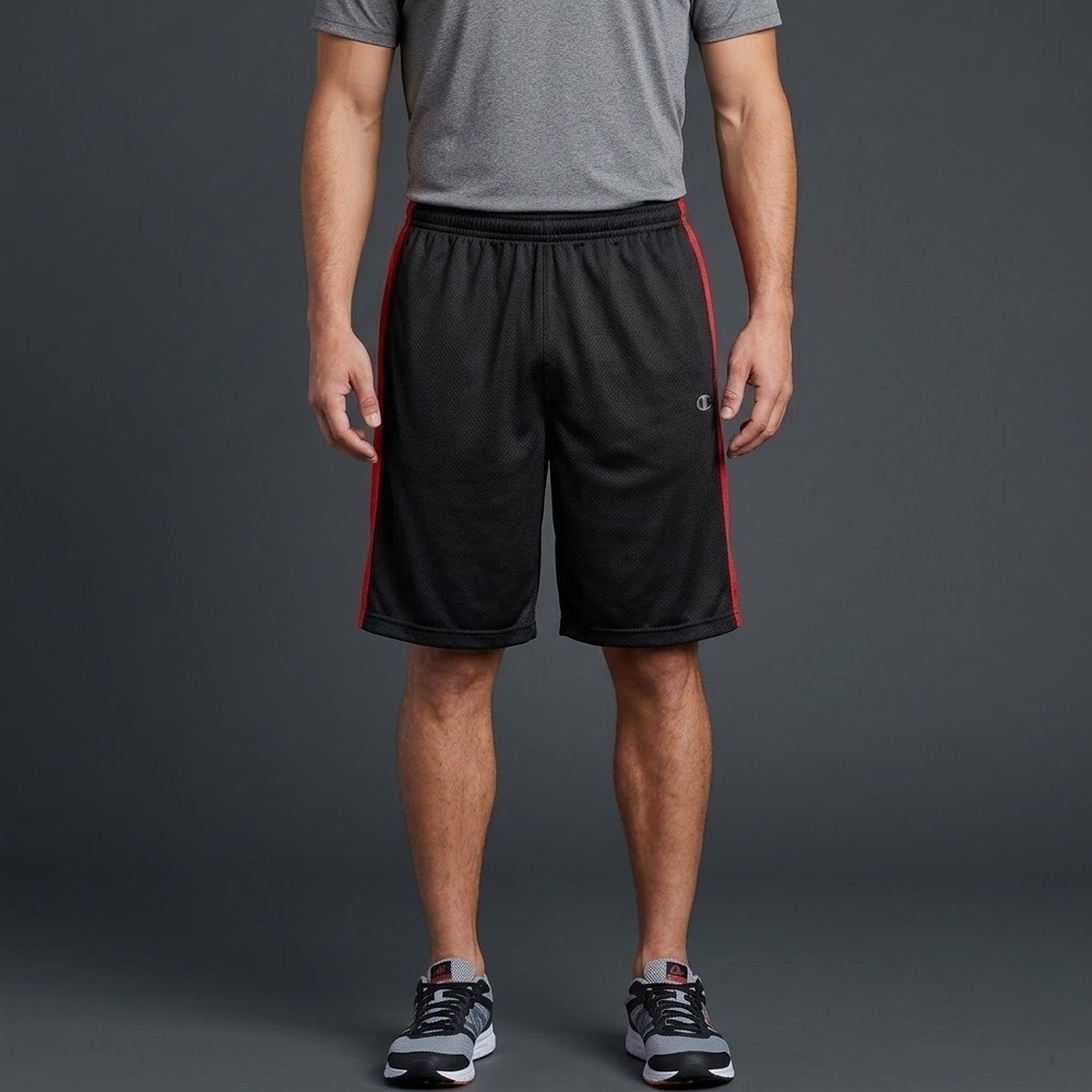 Champion Athletic Shorts‎ Mens L Black Red Side Stripe Basketball Gym